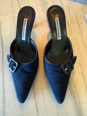 Iconic Manolo Blahnik Navy Suede with Black Pointed Mules with Buckle 37.5 50mm